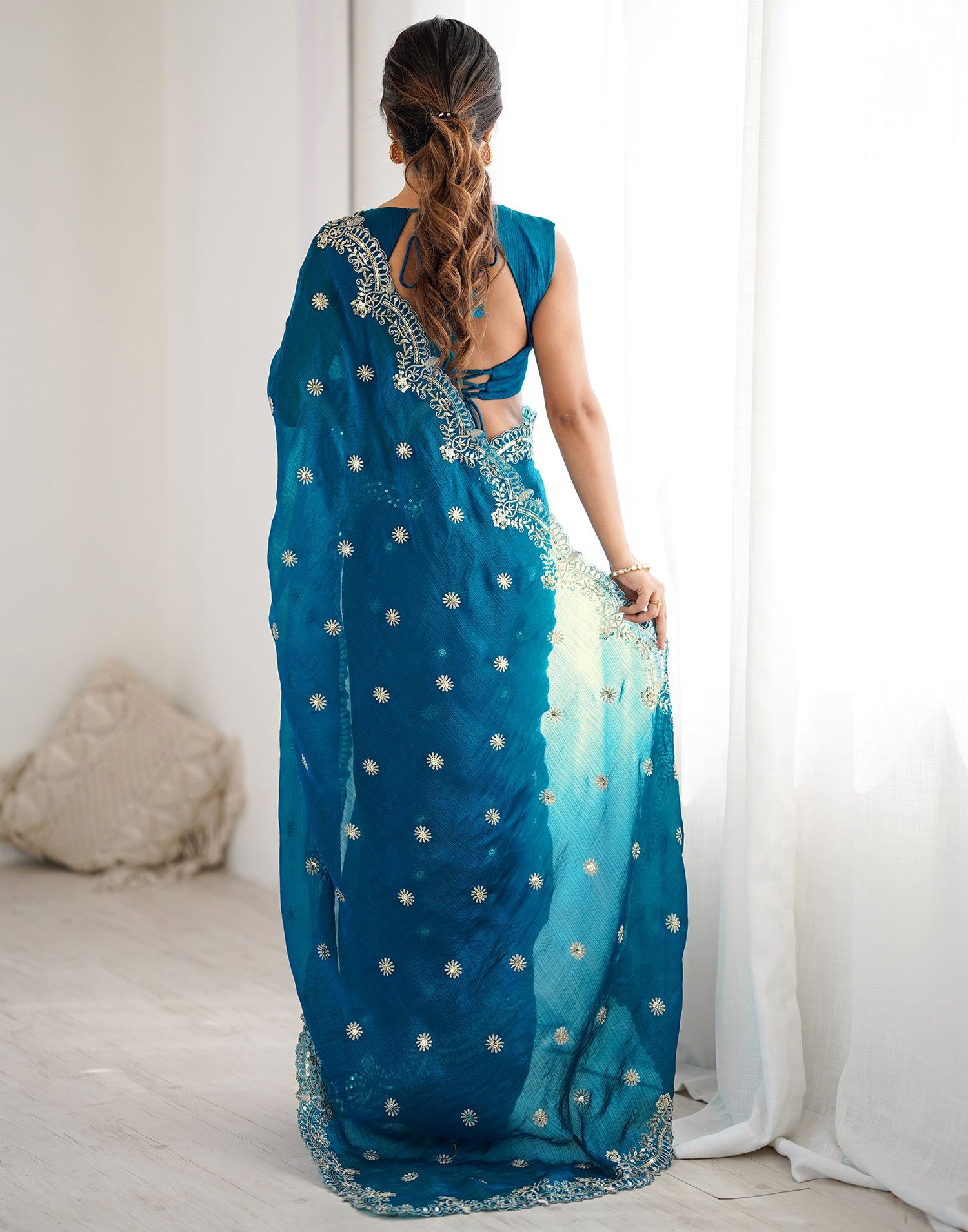Teal Blue Shimmer Sequence Embroidery  Saree
