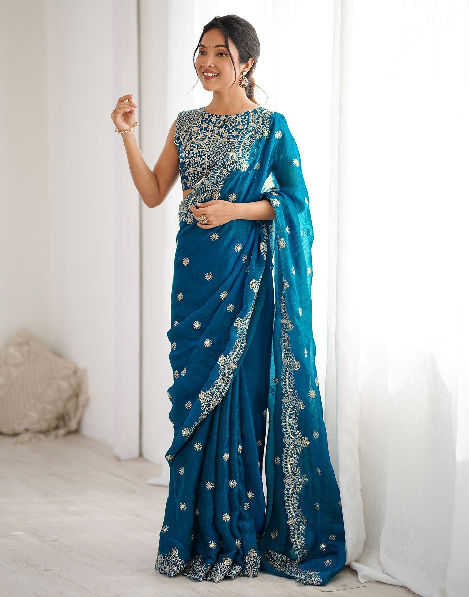 Teal Blue Shimmer Sequence Embroidery  Saree