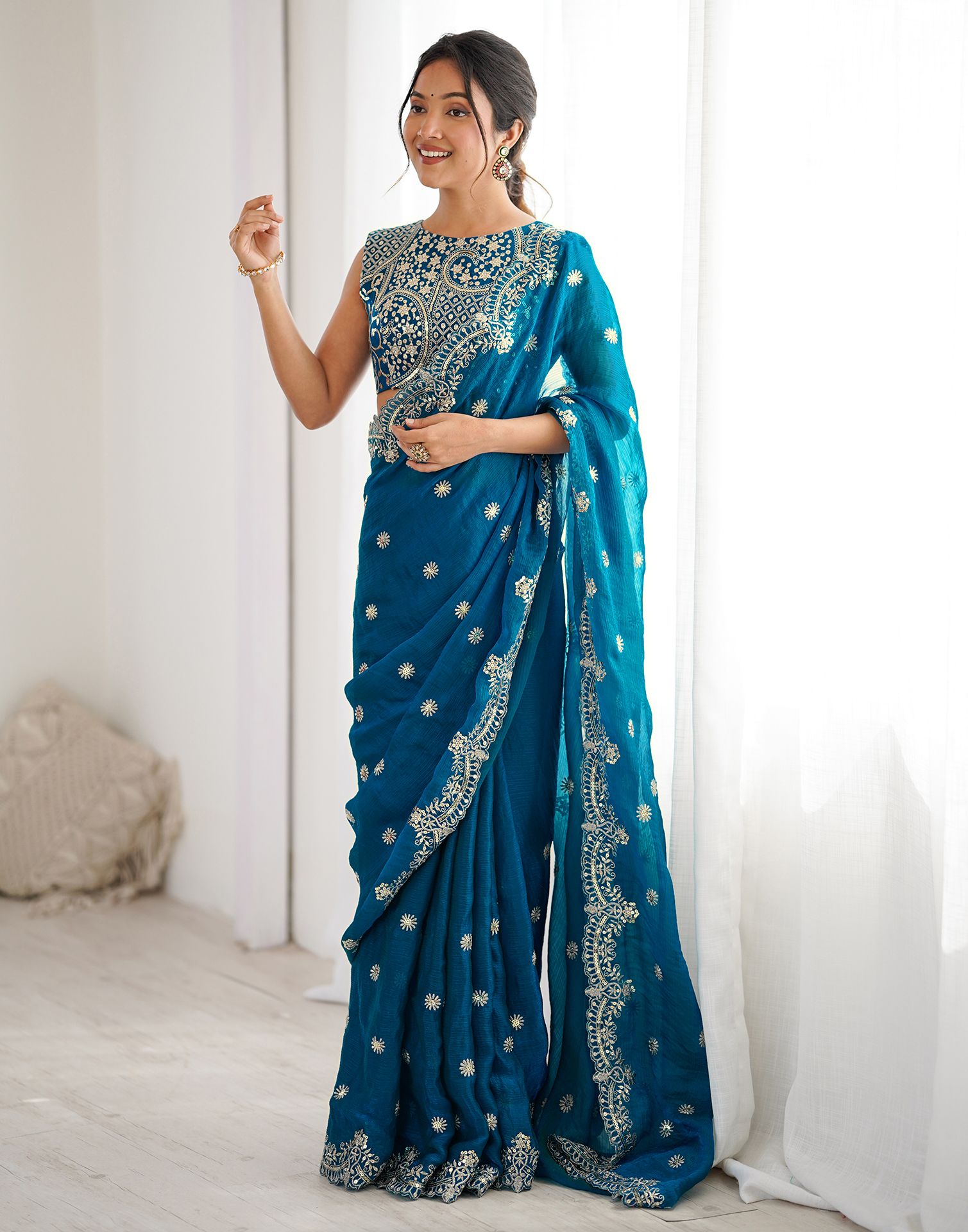 Teal Blue Shimmer Sequence Embroidery  Saree
