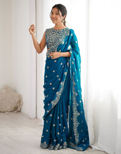 Teal Blue Shimmer Sequence Embroidery  Saree