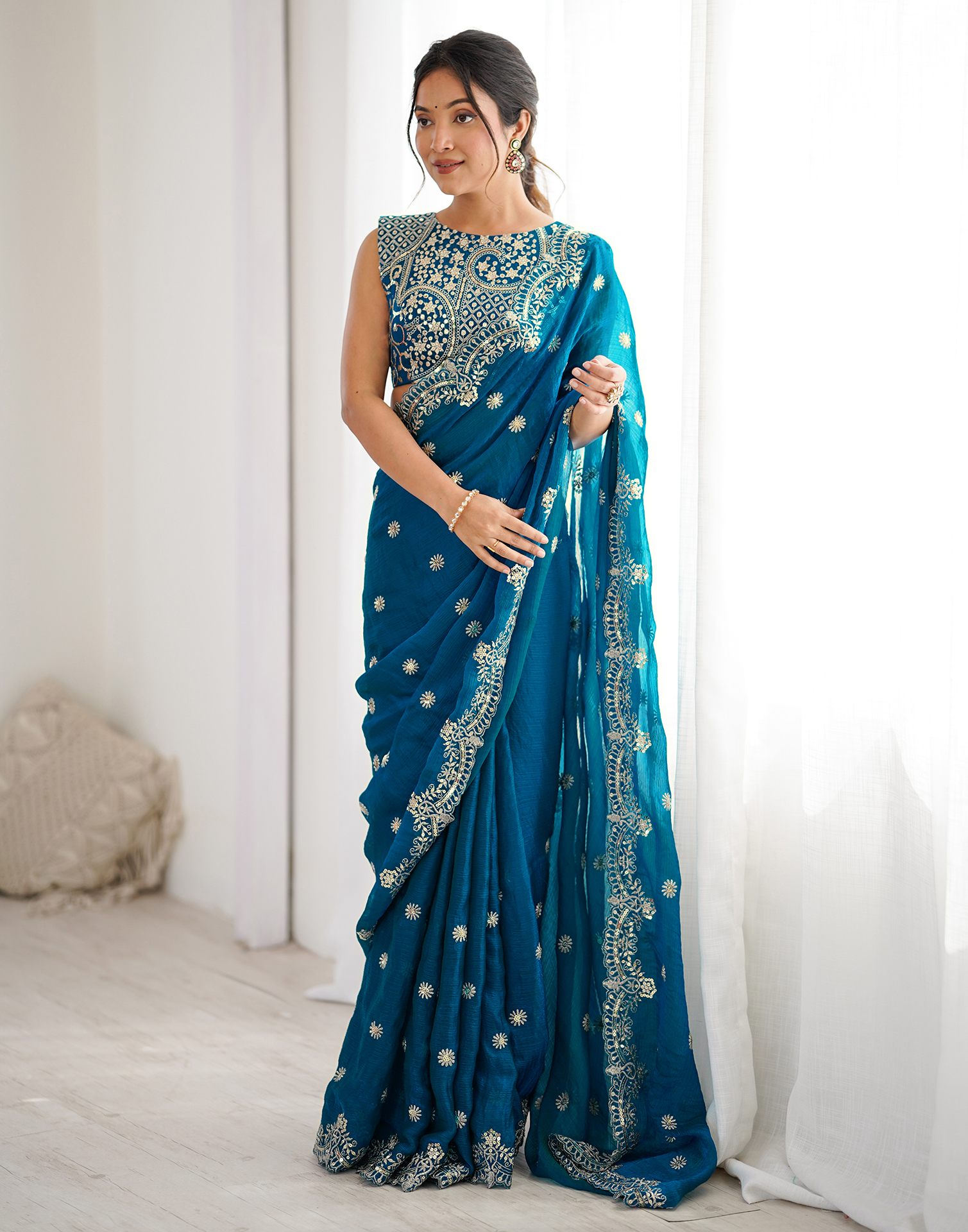 Teal Blue Shimmer Sequence Embroidery  Saree