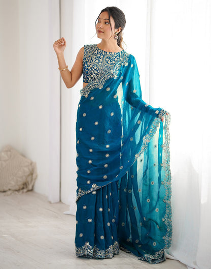 Teal Blue Shimmer Sequence Embroidery  Saree