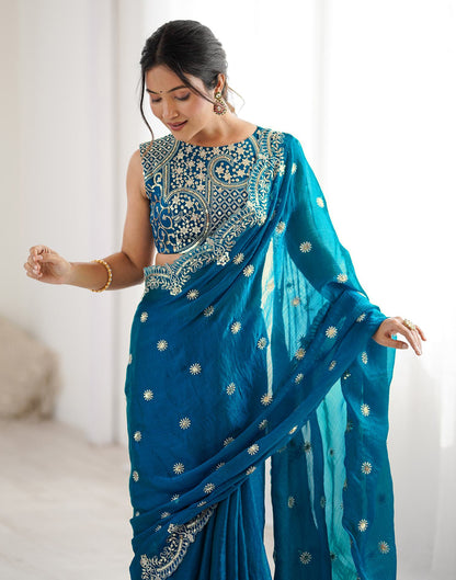 Teal Blue Shimmer Sequence Embroidery  Saree