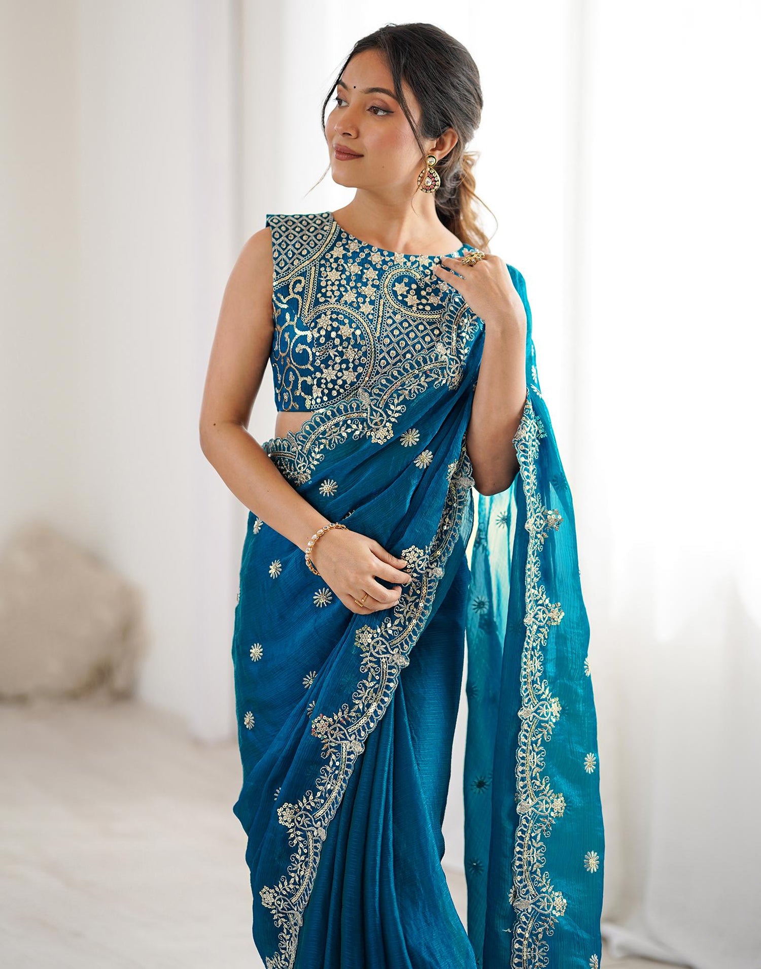 Teal Blue Shimmer Sequence Embroidery  Saree
