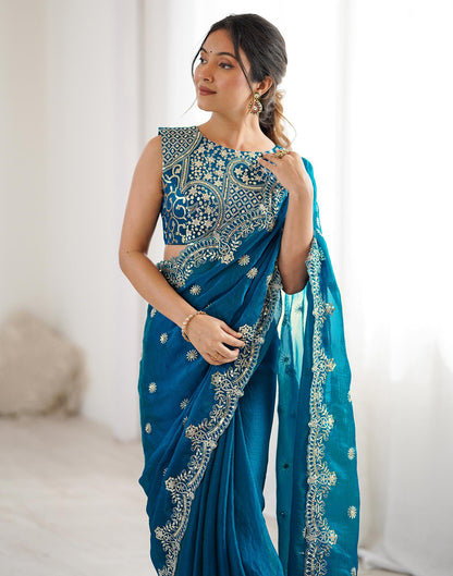 Teal Blue Shimmer Sequence Embroidery  Saree