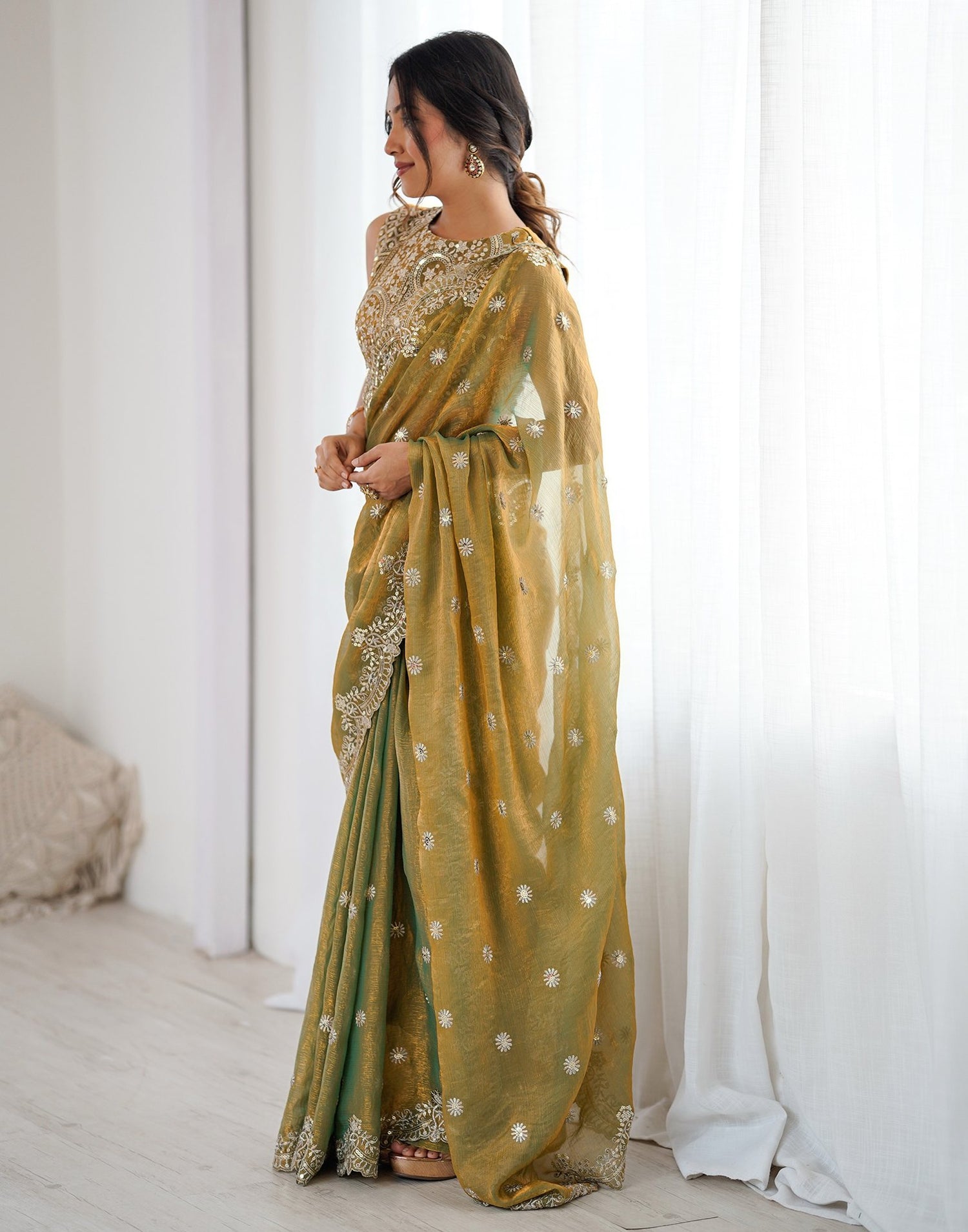 Khaki Shimmer Sequence Embroidery  Saree