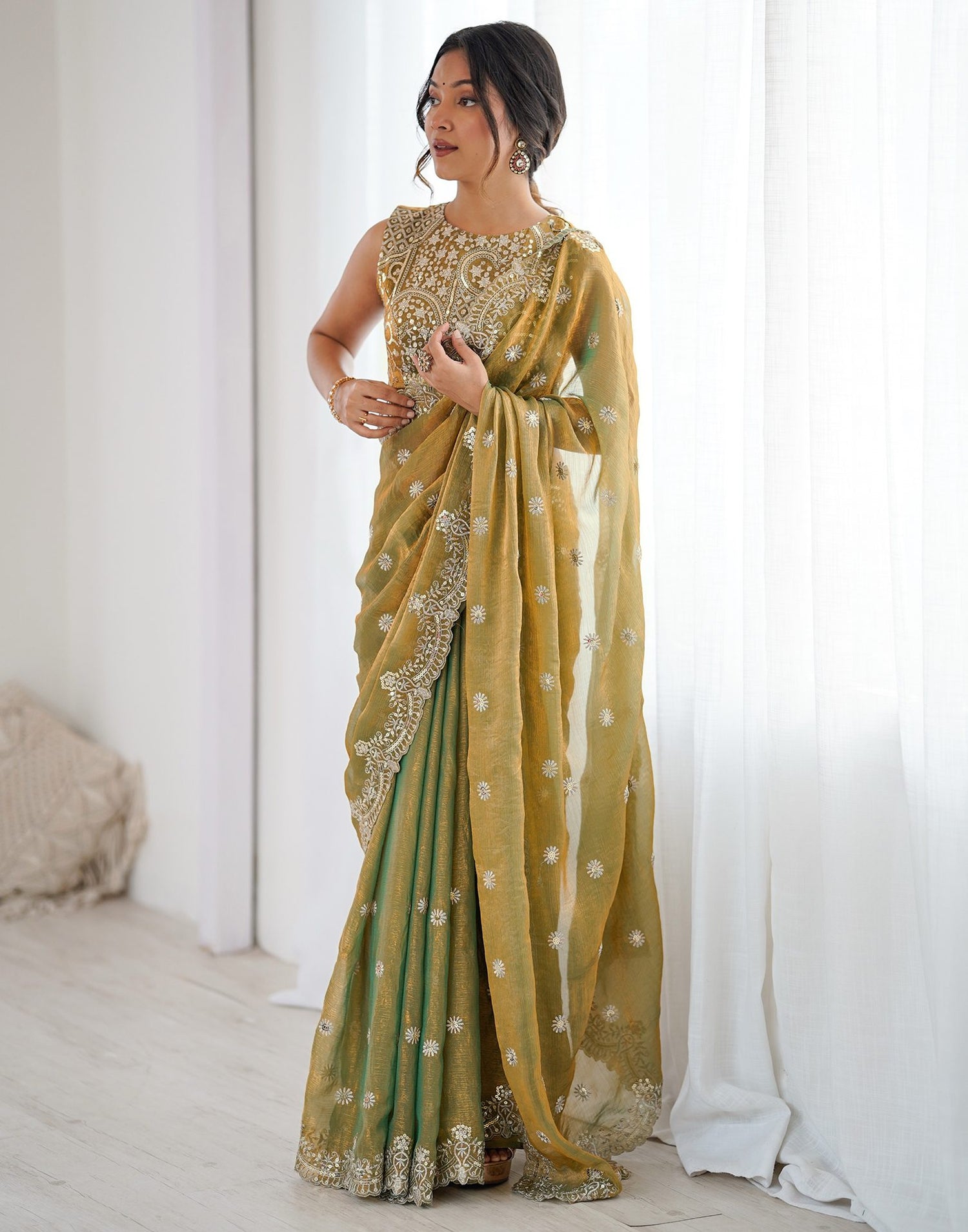 Khaki Shimmer Sequence Embroidery  Saree