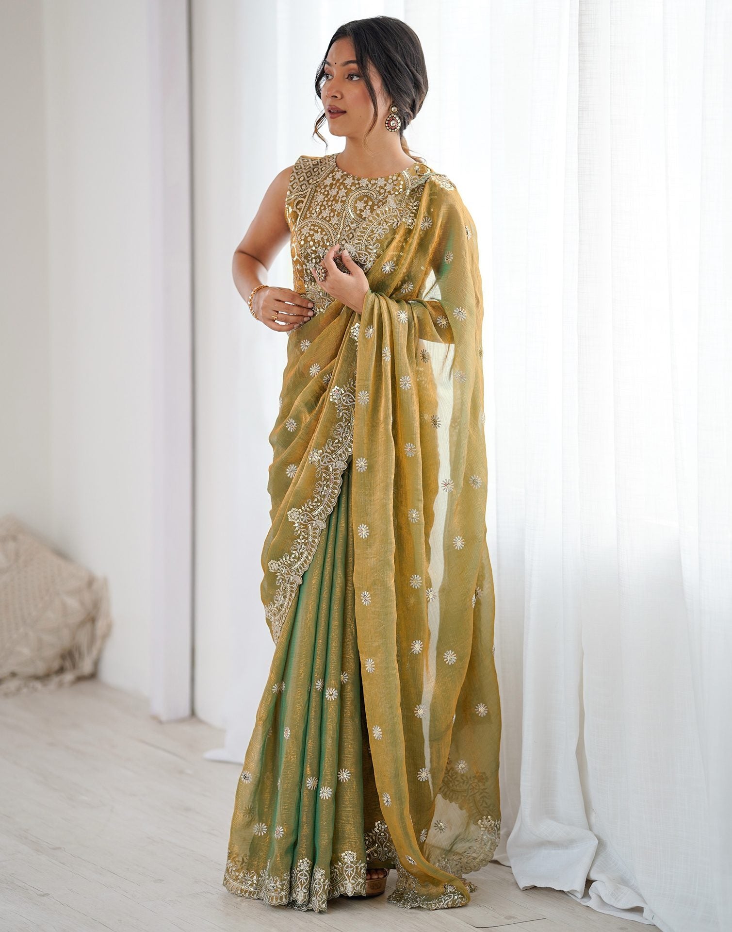 Khaki Shimmer Sequence Embroidery  Saree