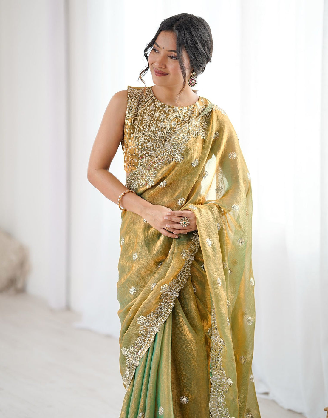 Khaki Shimmer Sequence Embroidery  Saree