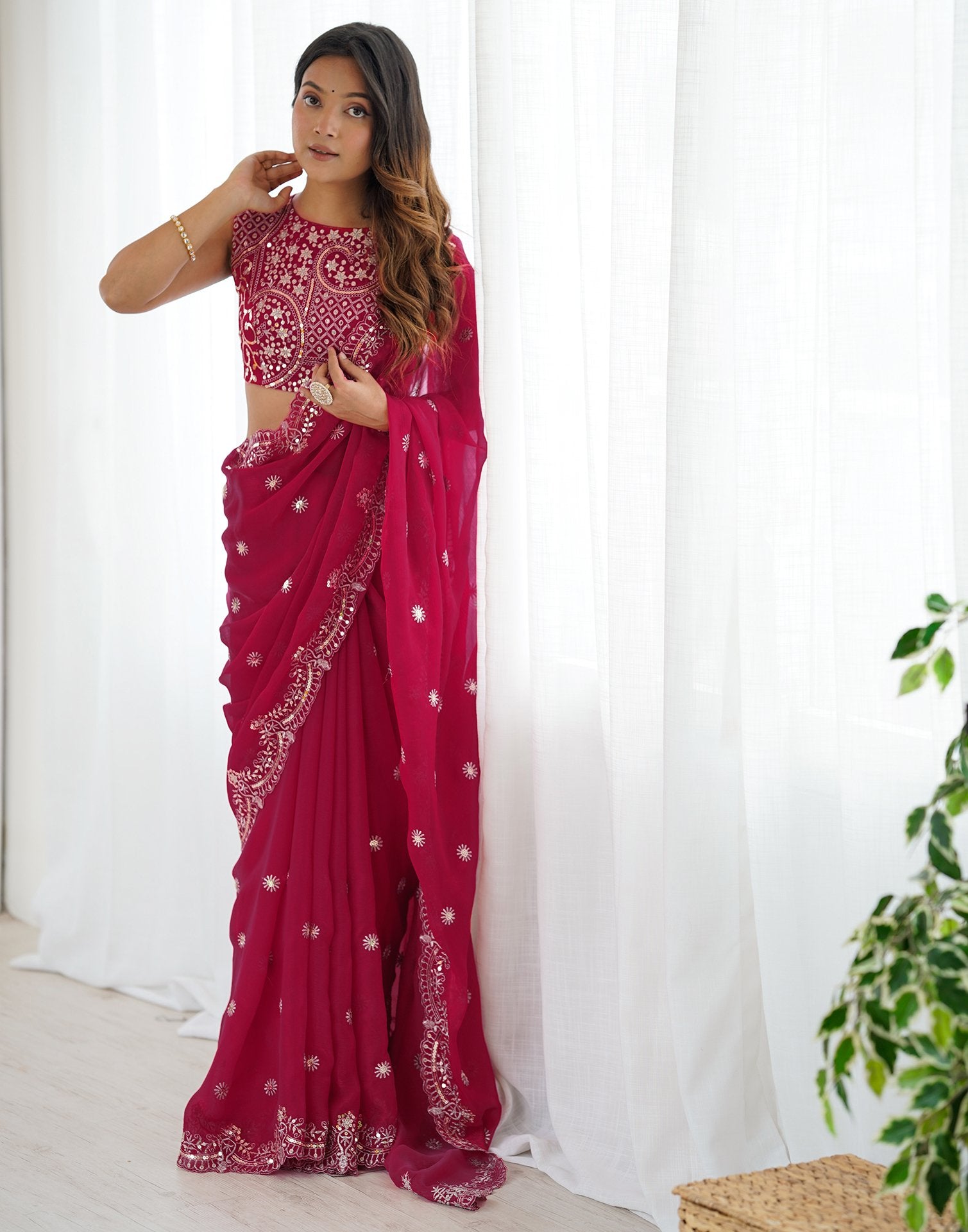 Rani Pink Shimmer Sequence Embroidery  Saree