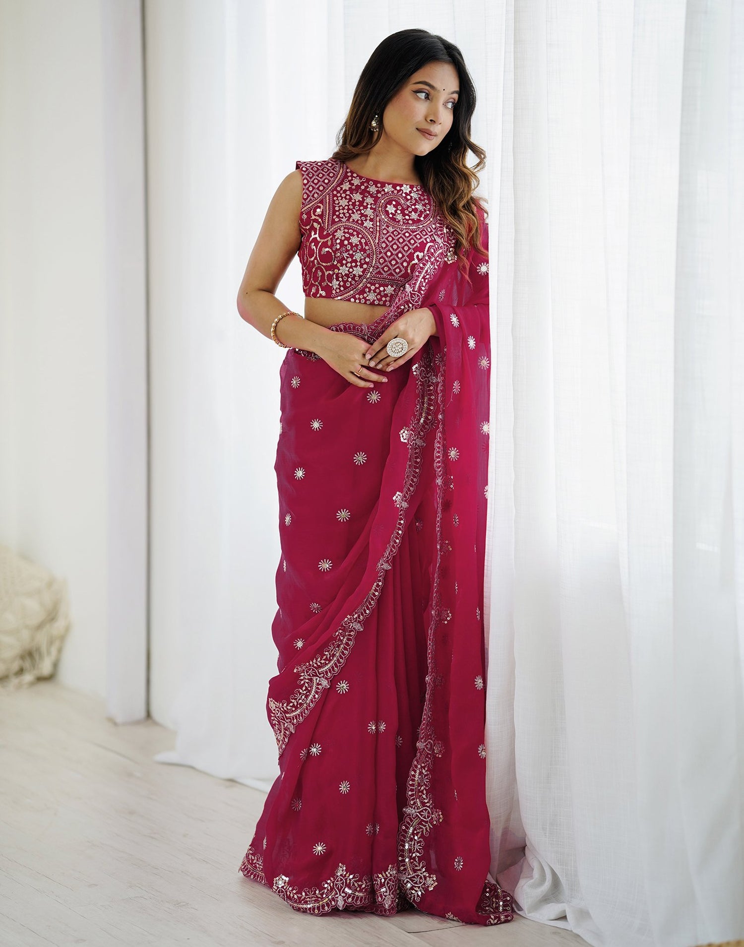 Rani Pink Shimmer Sequence Embroidery  Saree