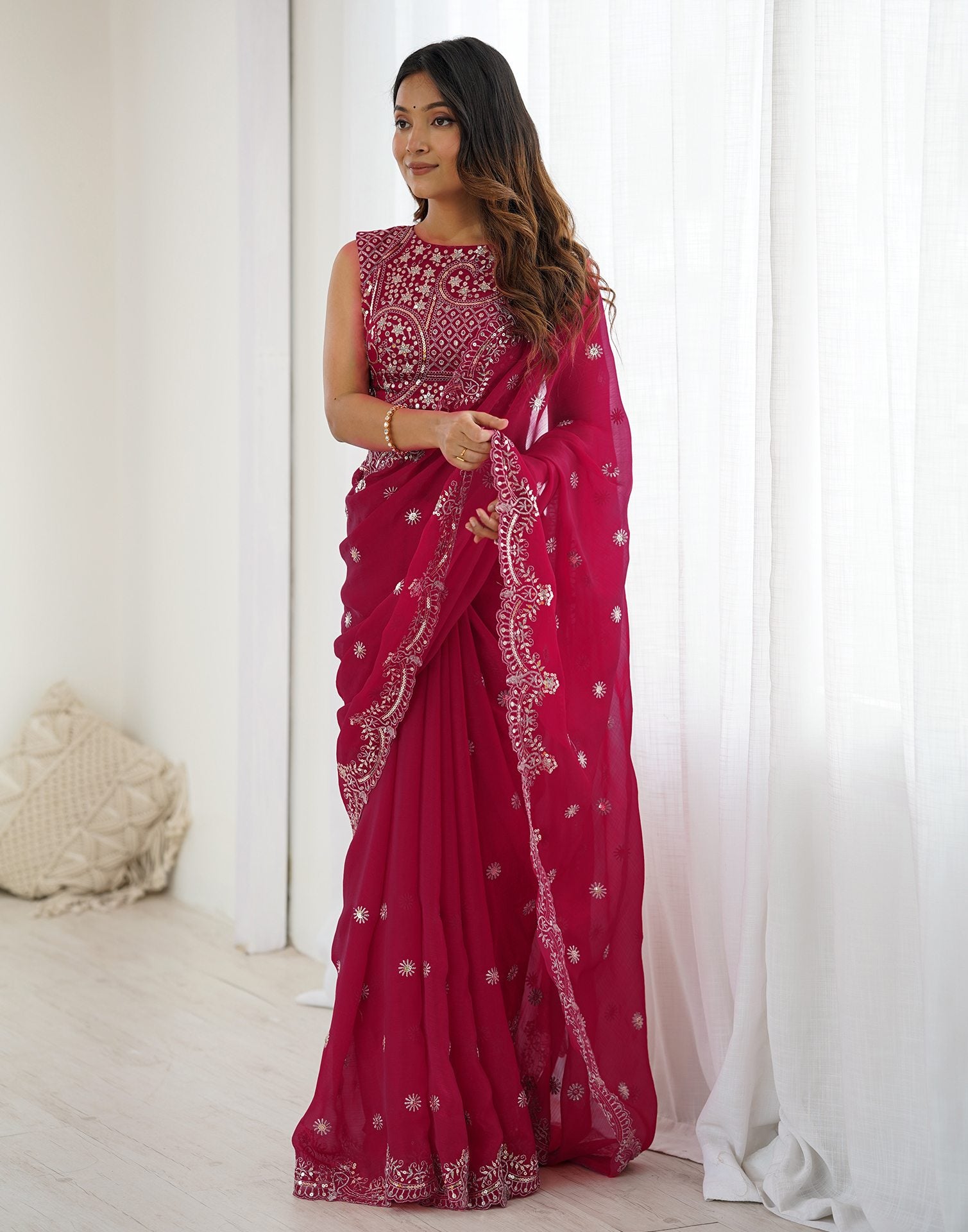 Rani Pink Shimmer Sequence Embroidery  Saree