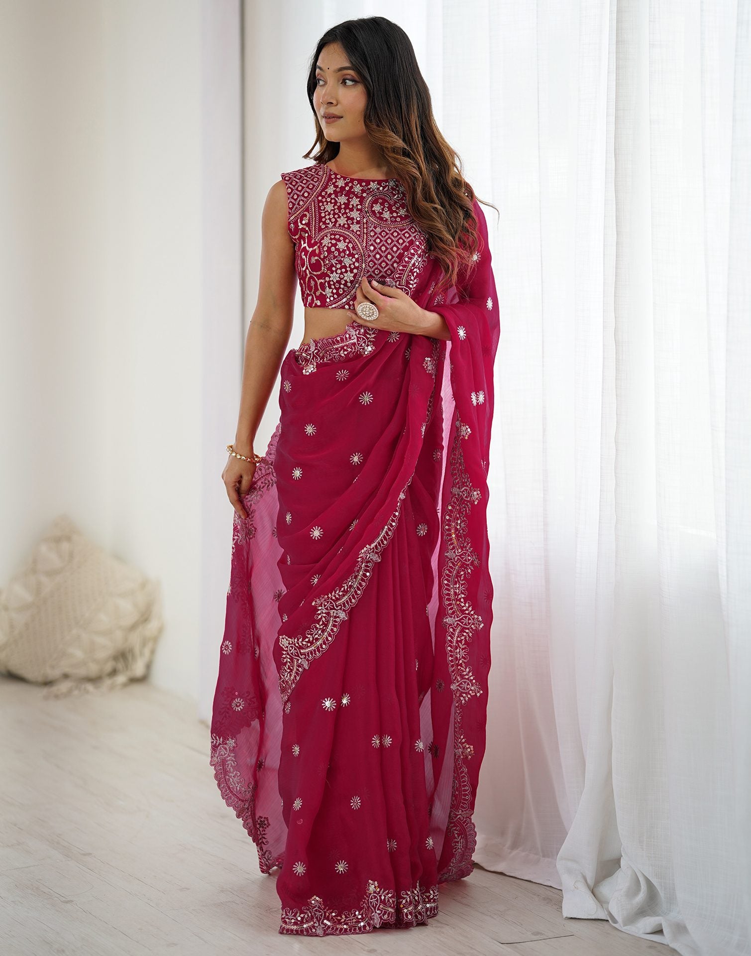 Rani Pink Shimmer Sequence Embroidery  Saree