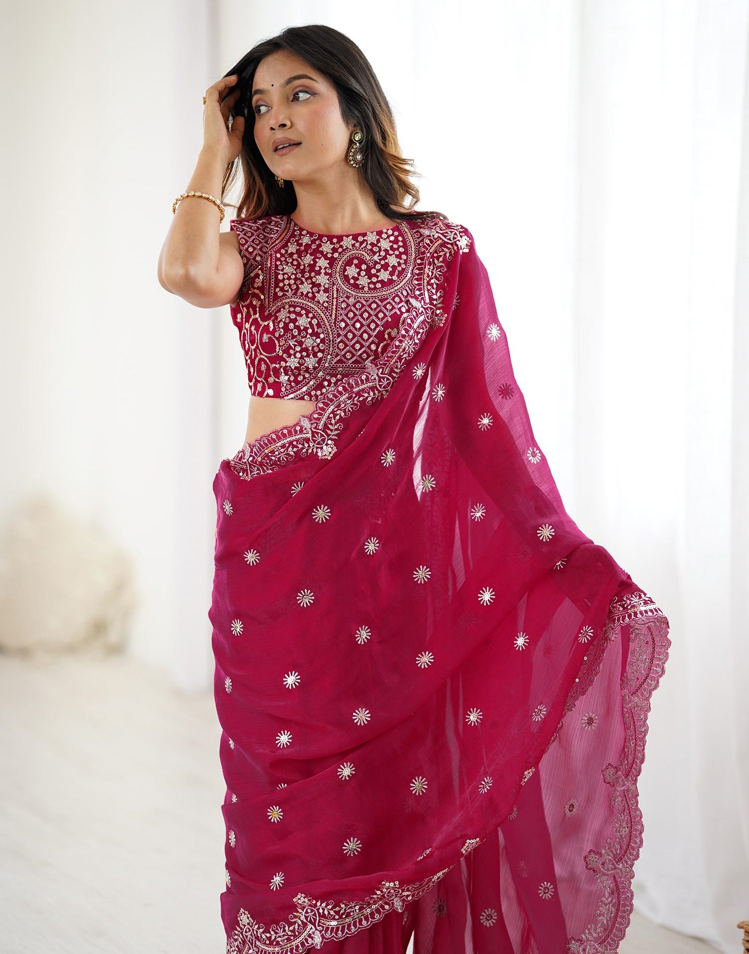 Rani Pink Shimmer Sequence Embroidery  Saree