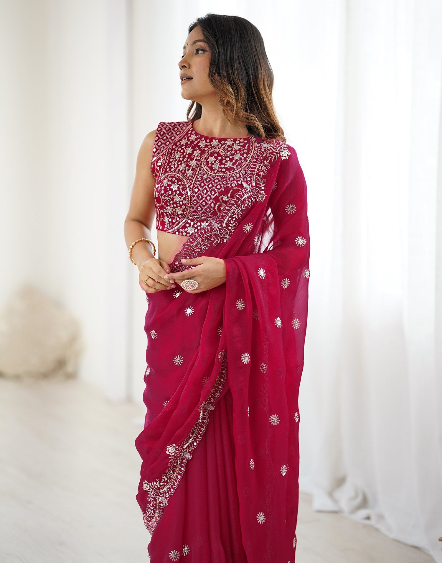 Rani Pink Shimmer Sequence Embroidery  Saree