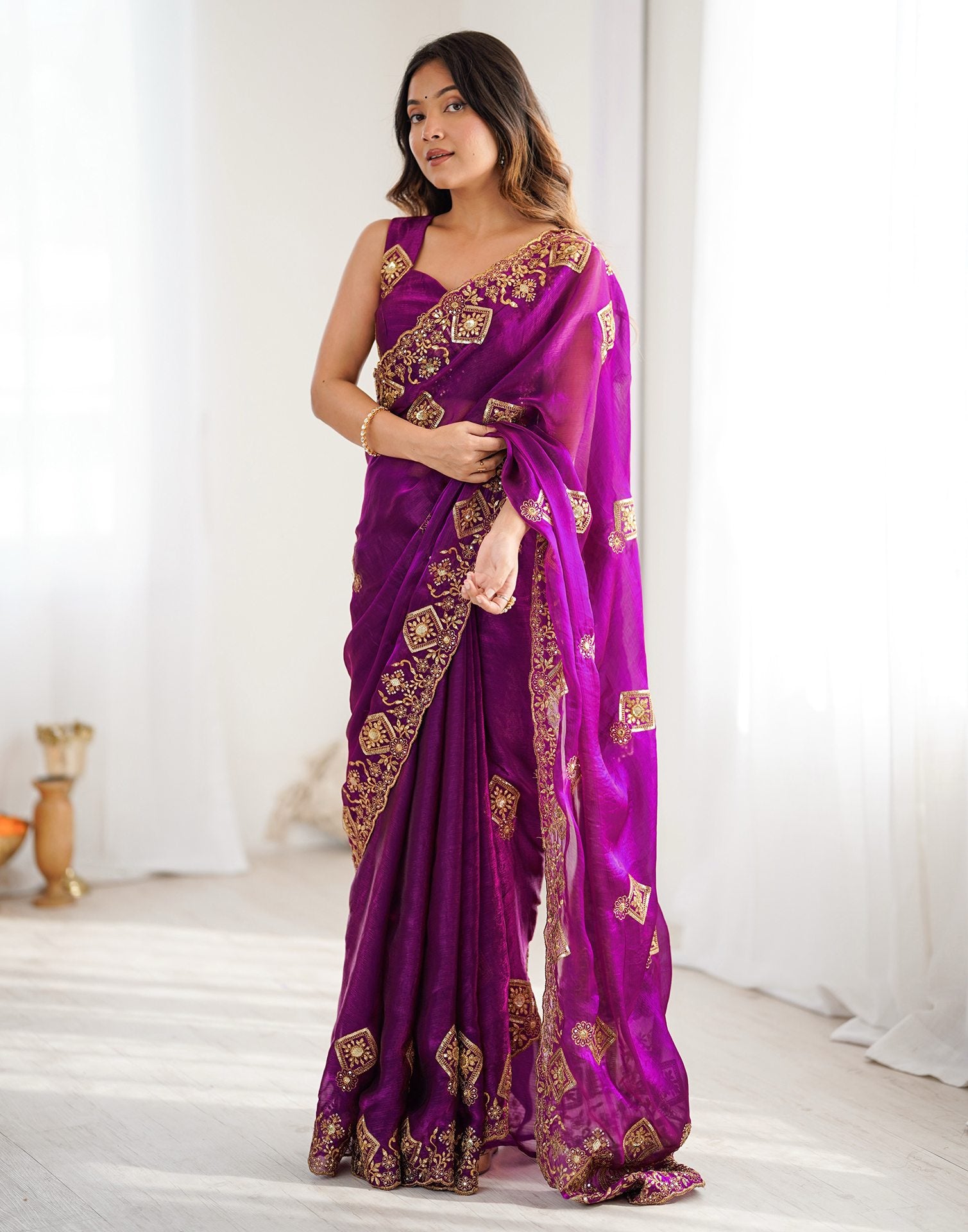 Dark Purple Shimmer Sequence Embroidery  Saree