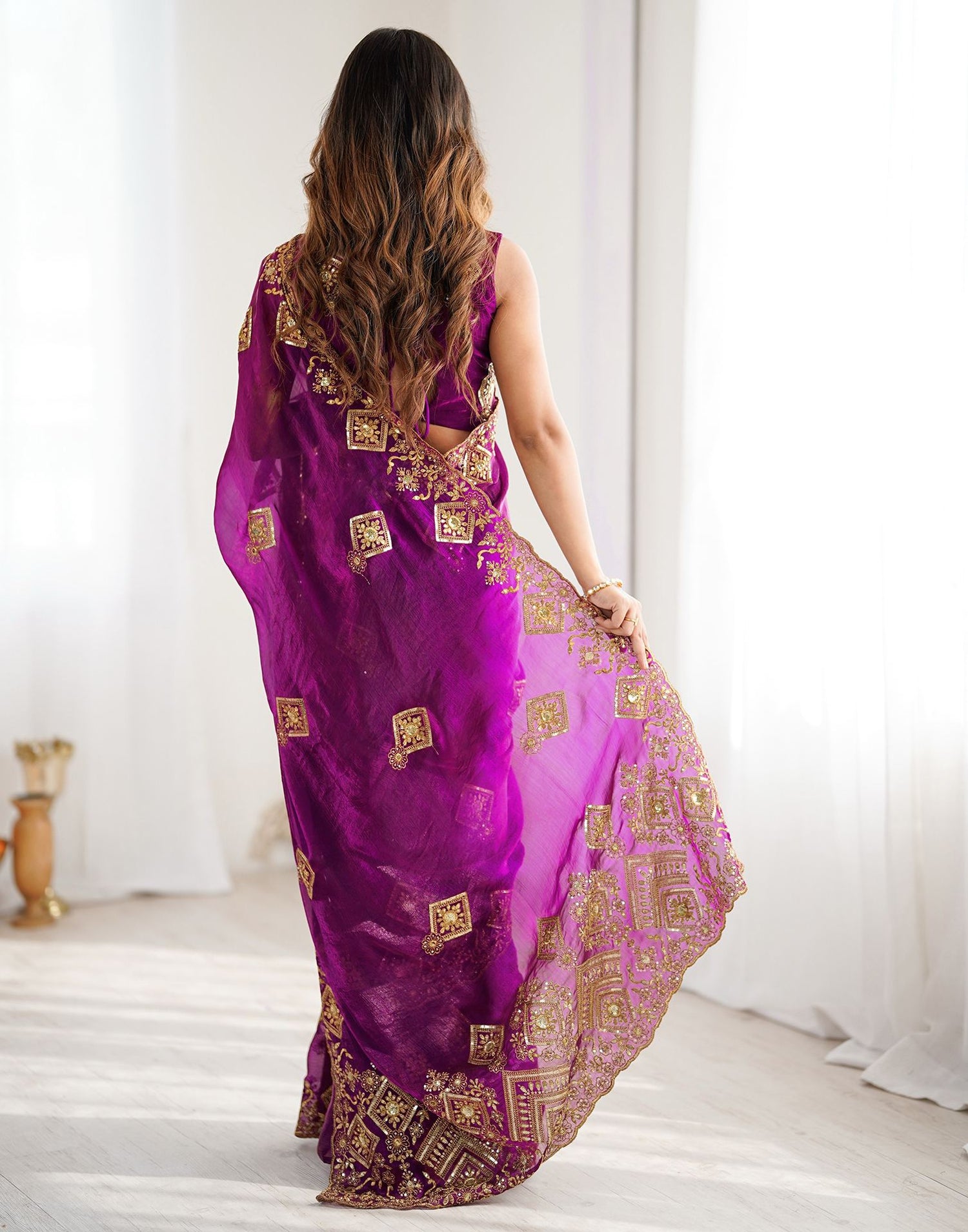 Dark Purple Shimmer Sequence Embroidery  Saree