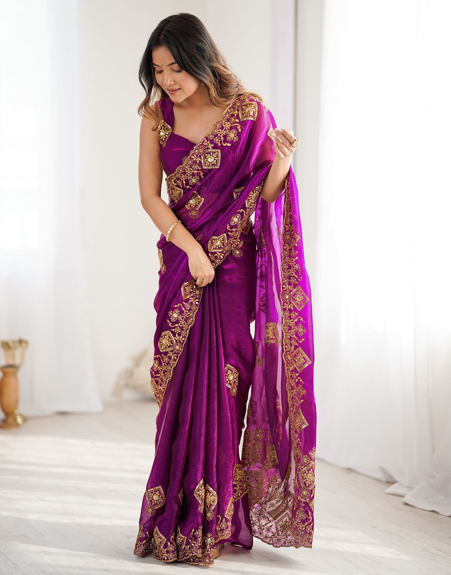 Dark Purple Shimmer Sequence Embroidery  Saree