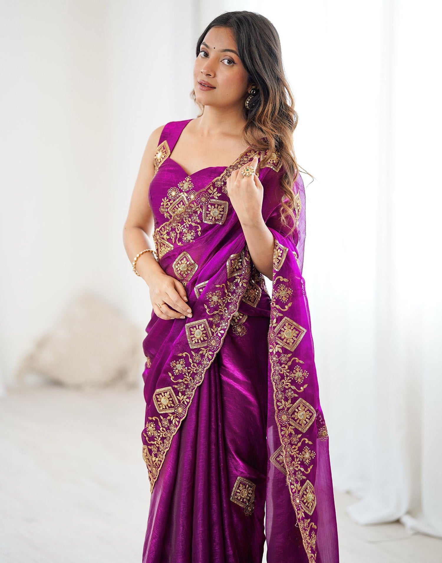 Dark Purple Shimmer Sequence Embroidery  Saree