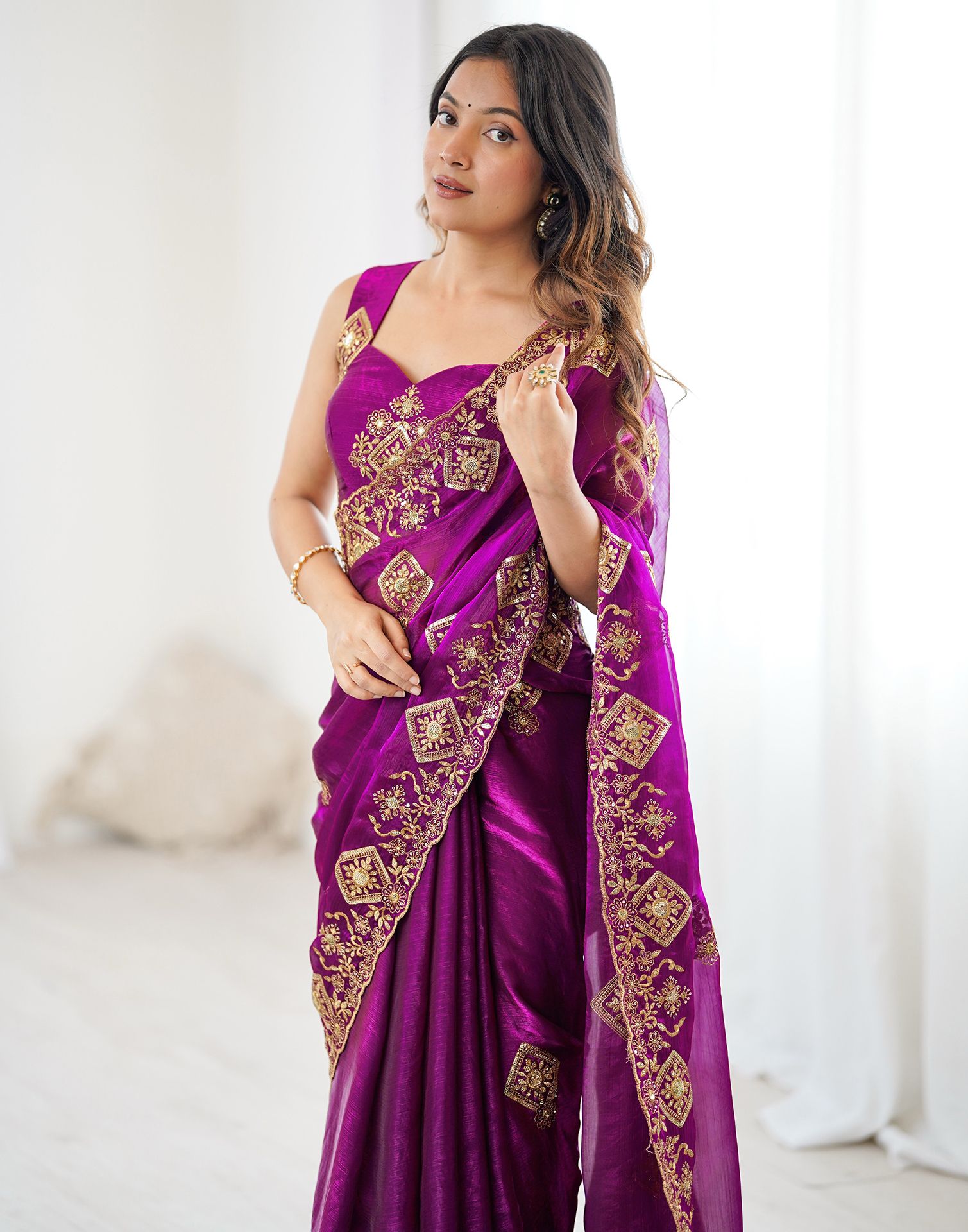 Dark Purple Shimmer Sequence Embroidery  Saree