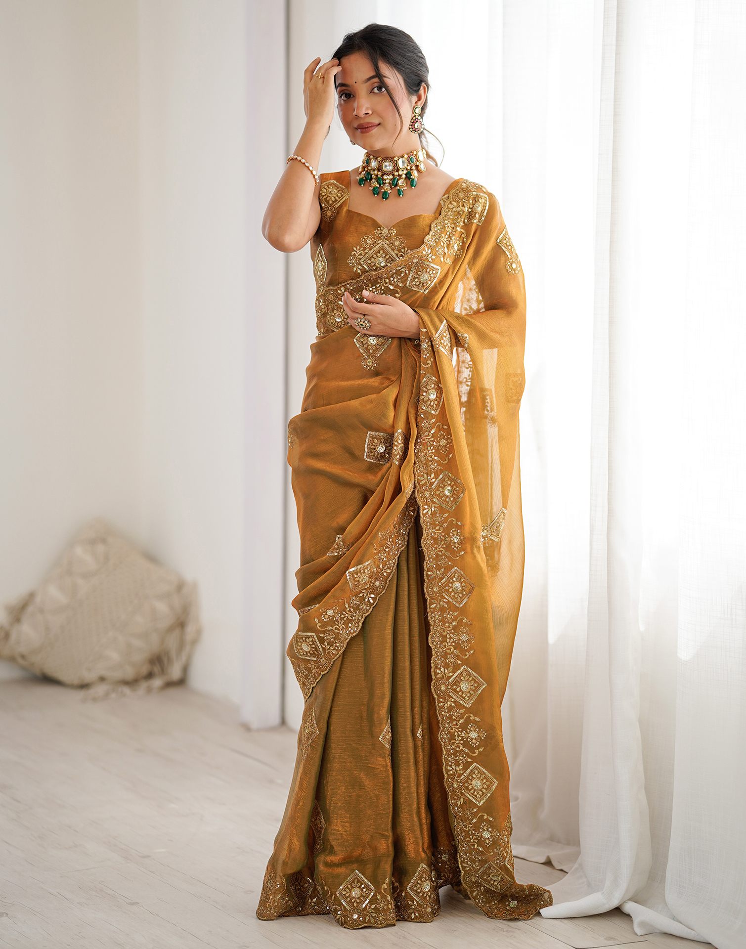 Brown Shimmer Sequence Embroidery  Saree