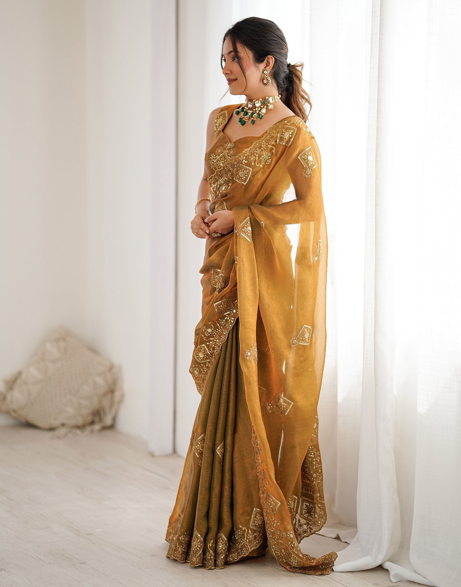 Brown Shimmer Sequence Embroidery  Saree