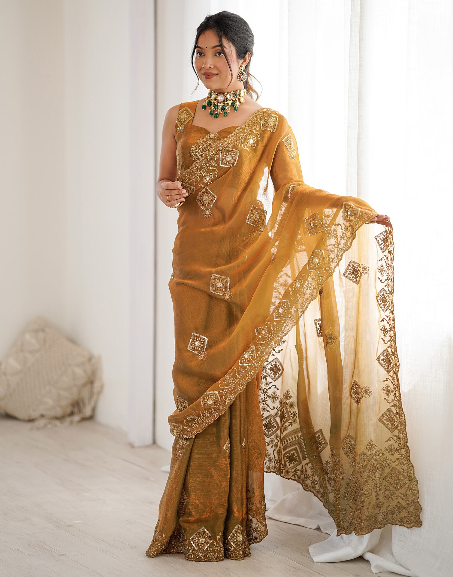 Brown Shimmer Sequence Embroidery  Saree