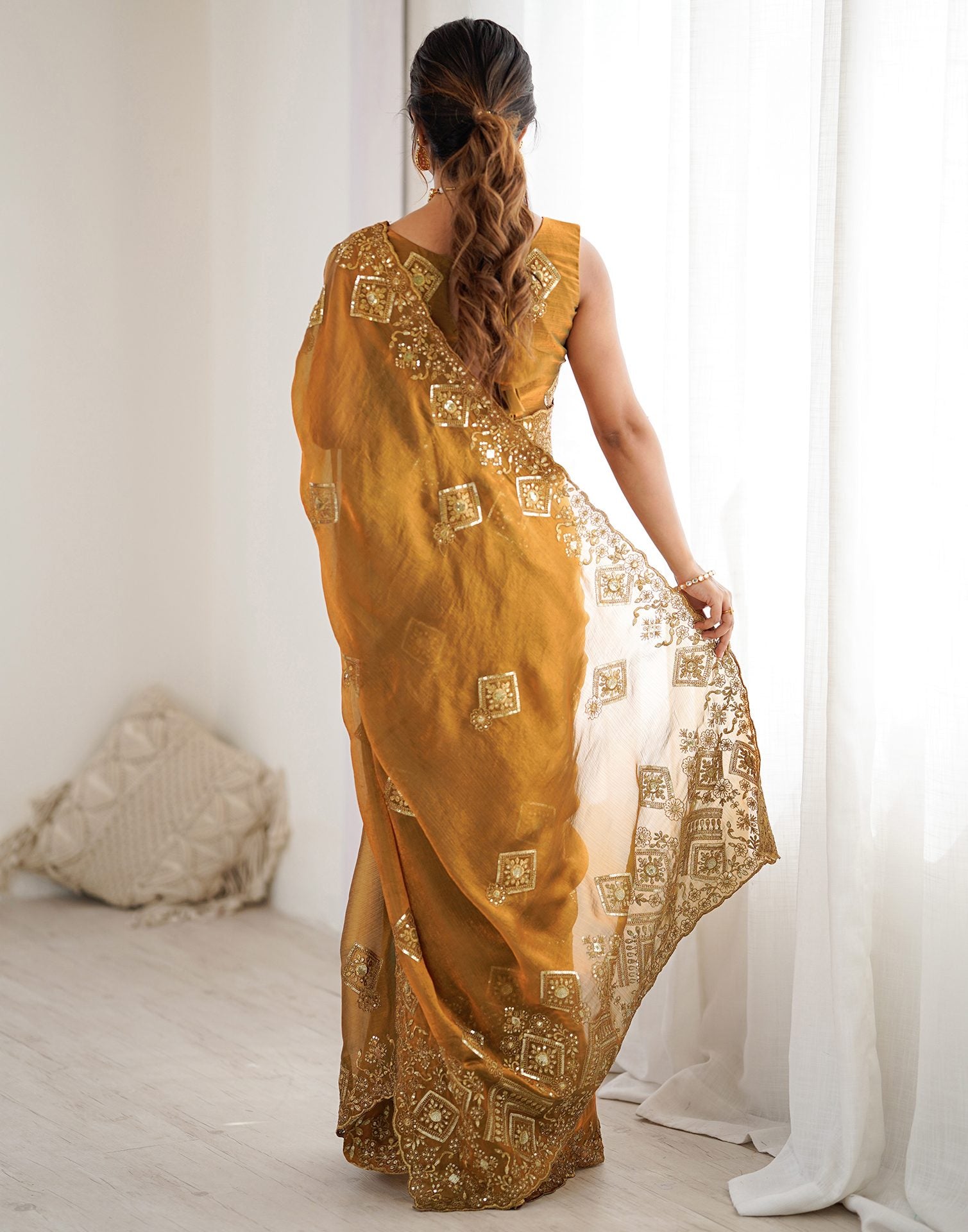Brown Shimmer Sequence Embroidery  Saree
