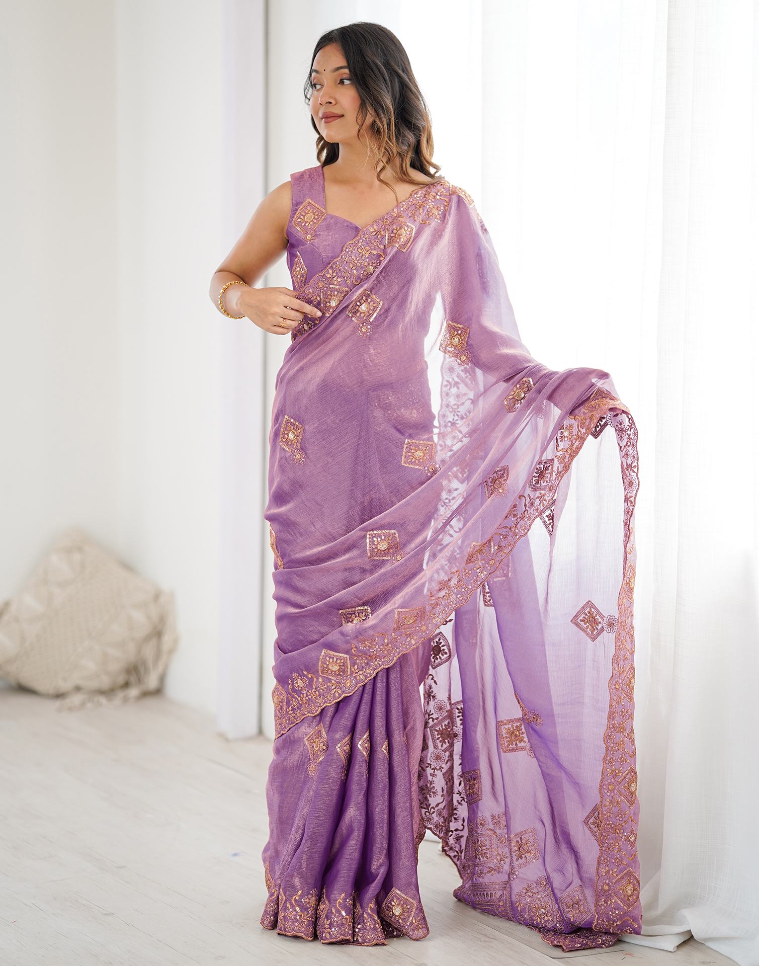 Lavender Shimmer Sequence Embroidery  Saree