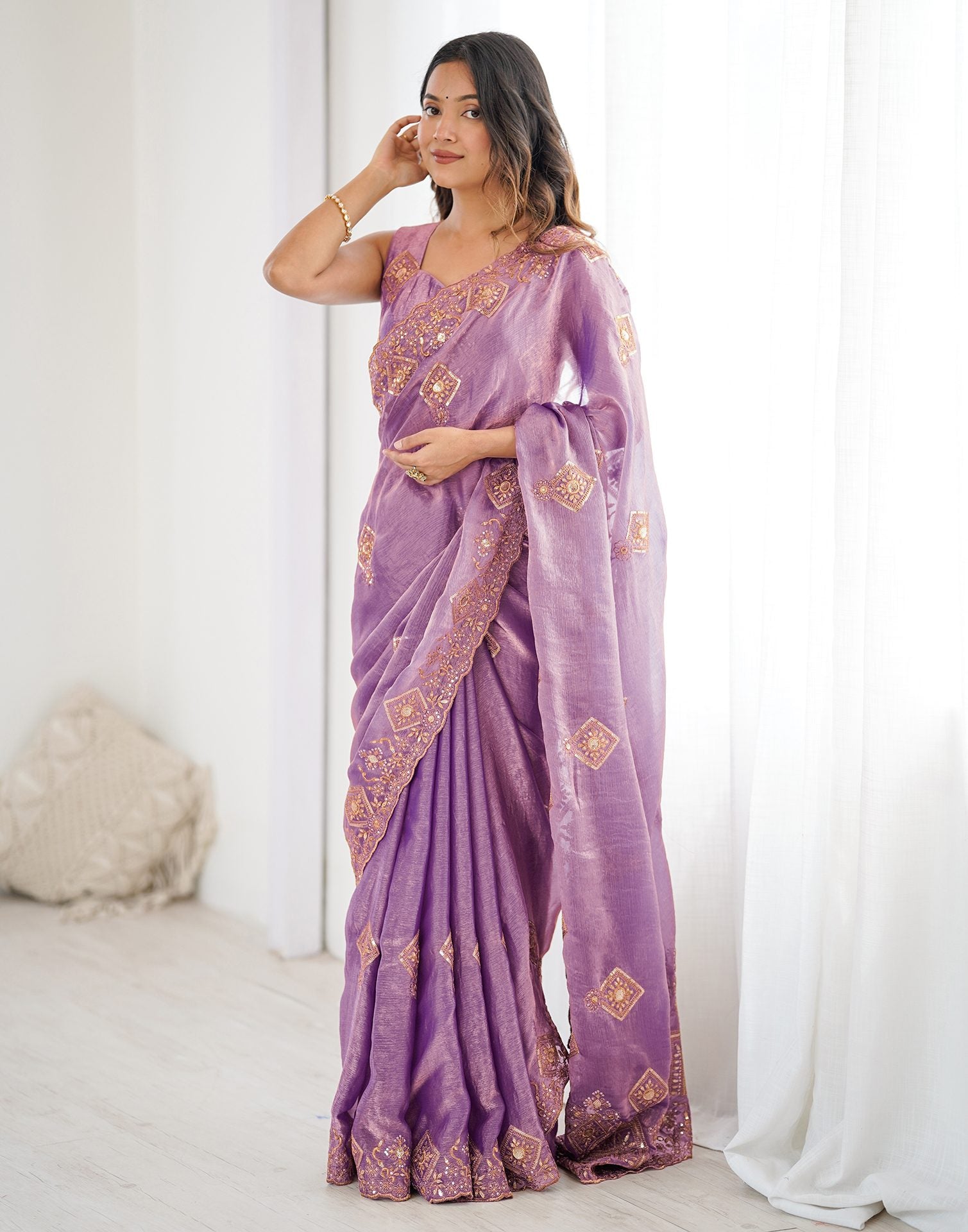Lavender Shimmer Sequence Embroidery  Saree