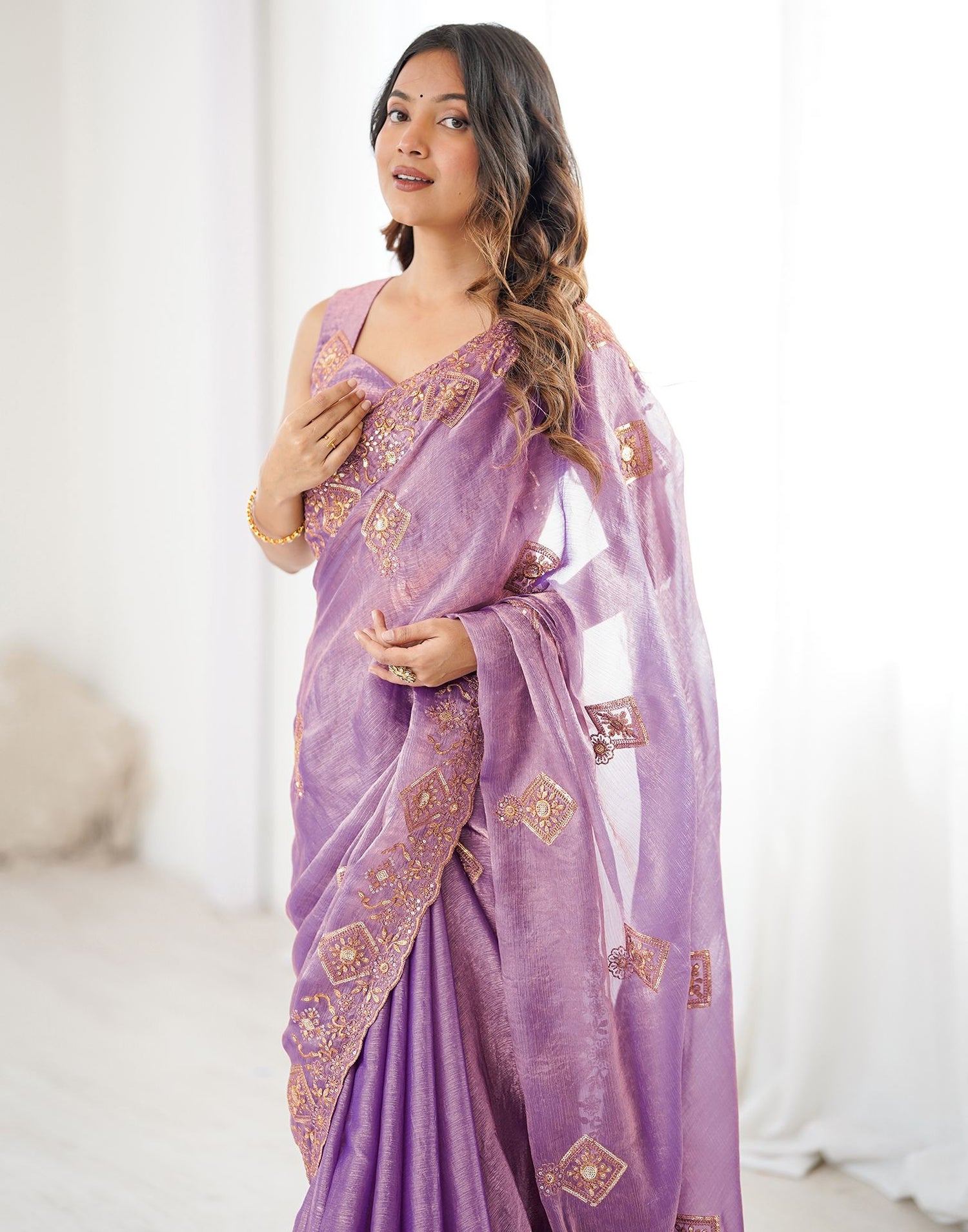 Lavender Shimmer Sequence Embroidery  Saree