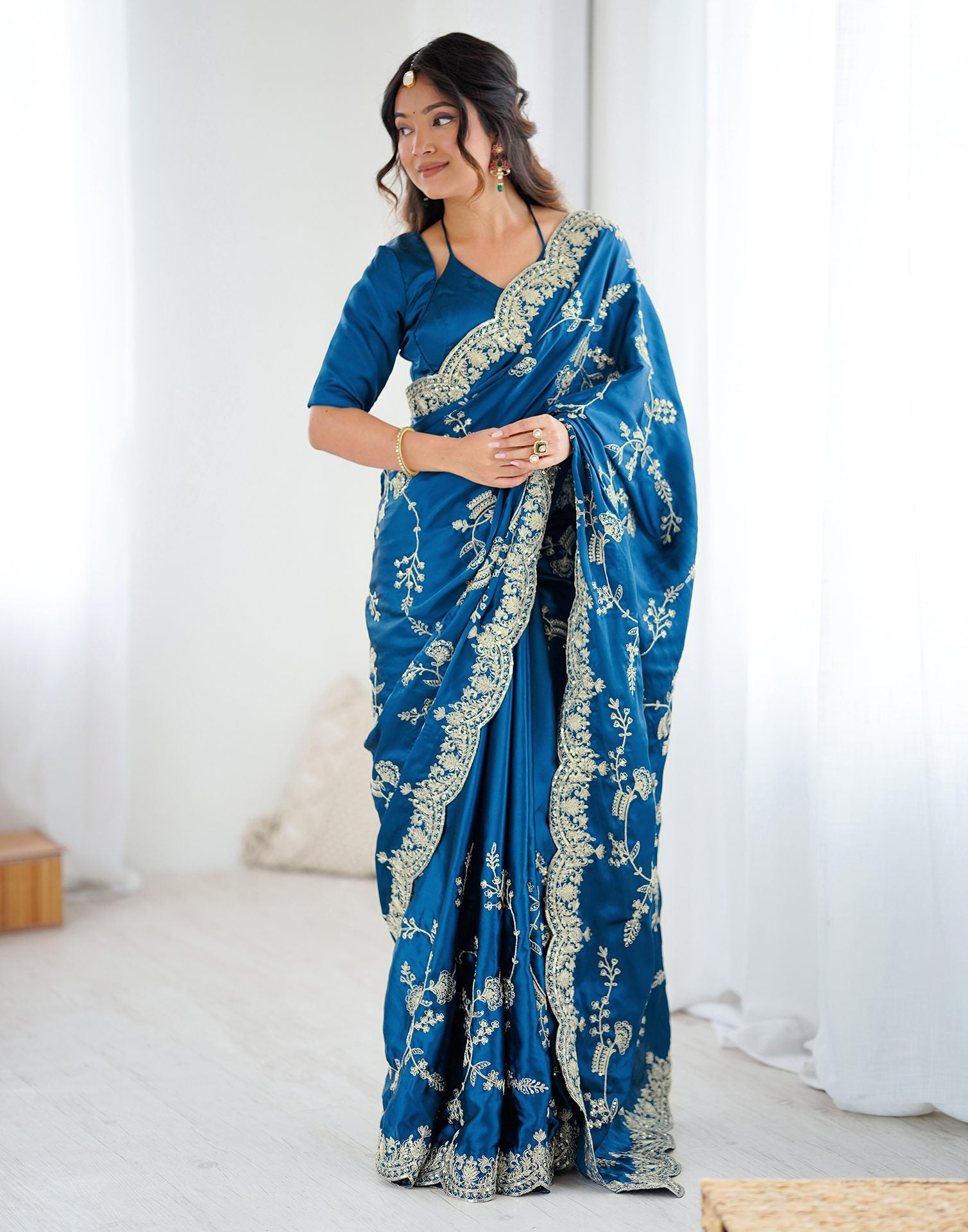 Teal Blue Satin Sequence Embroidery  Saree