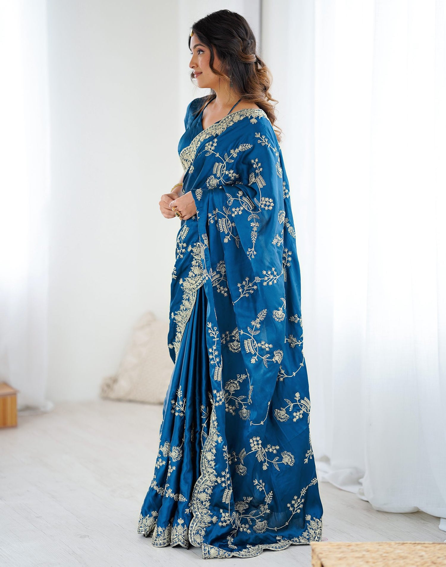 Teal Blue Satin Sequence Embroidery  Saree