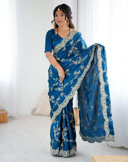 Teal Blue Satin Sequence Embroidery  Saree