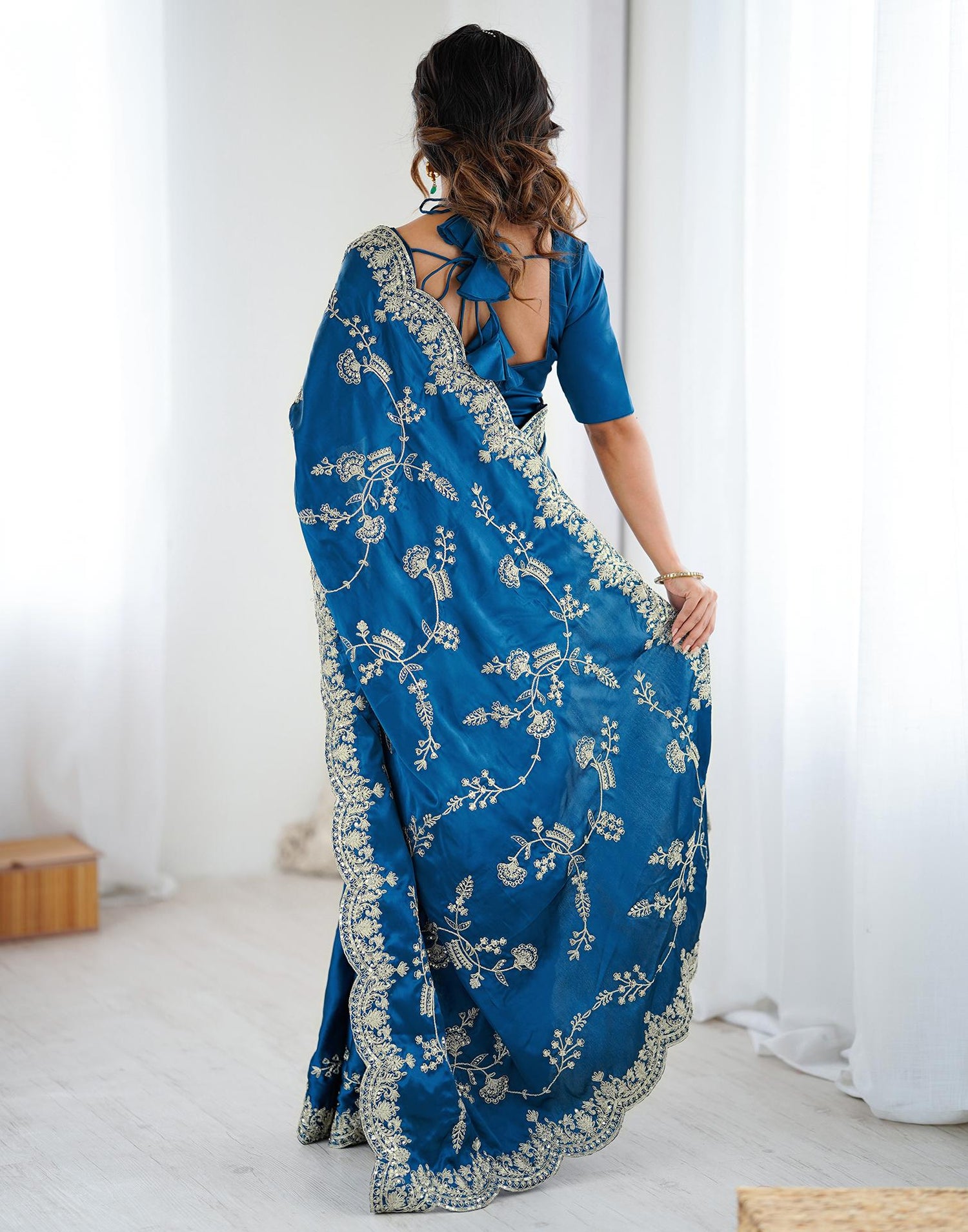 Teal Blue Satin Sequence Embroidery  Saree