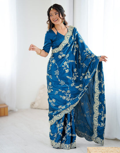 Teal Blue Satin Sequence Embroidery  Saree