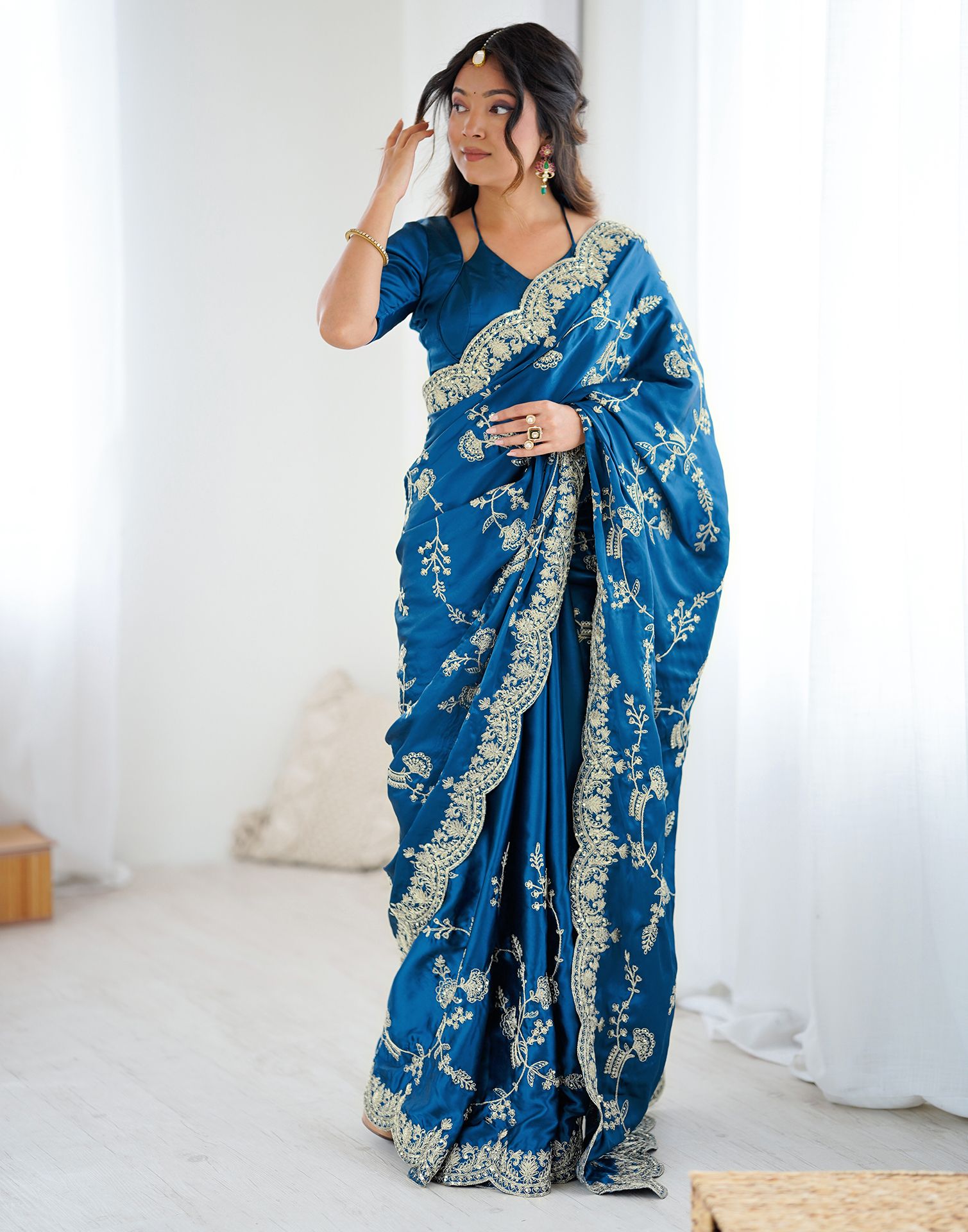 Teal Blue Satin Sequence Embroidery  Saree