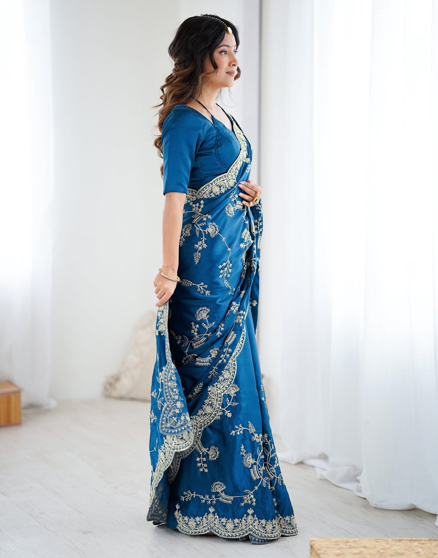 Teal Blue Satin Sequence Embroidery  Saree