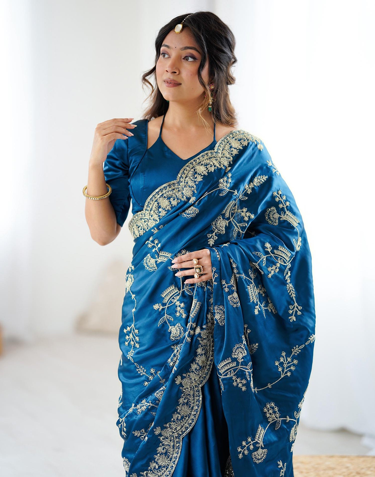 Teal Blue Satin Sequence Embroidery  Saree