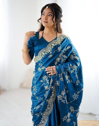 Teal Blue Satin Sequence Embroidery  Saree