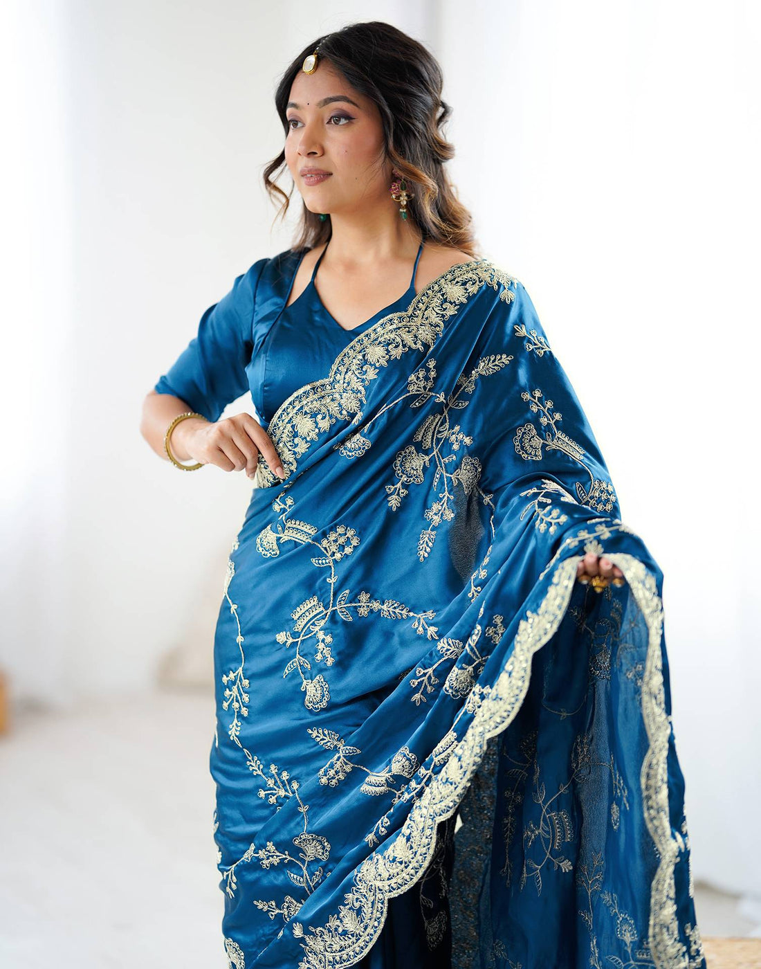 Teal Blue Satin Sequence Embroidery  Saree
