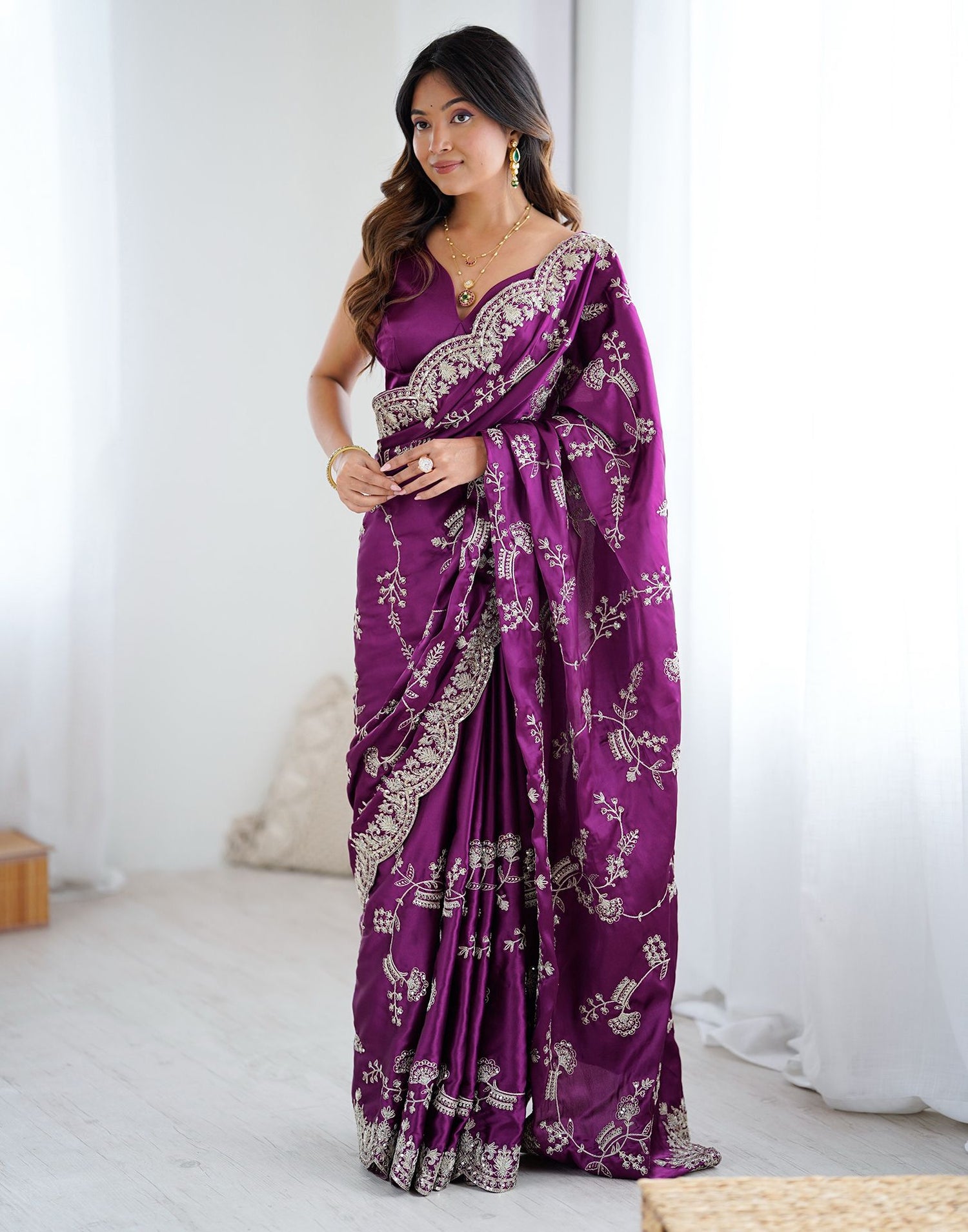Dark Purple Satin Sequence Embroidery  Saree