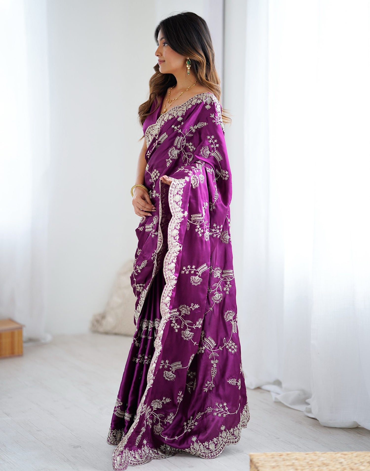 Dark Purple Satin Sequence Embroidery  Saree