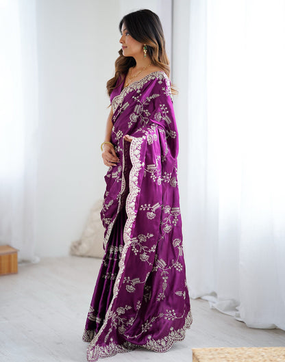 Dark Purple Satin Sequence Embroidery  Saree