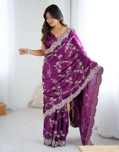 Dark Purple Satin Sequence Embroidery  Saree
