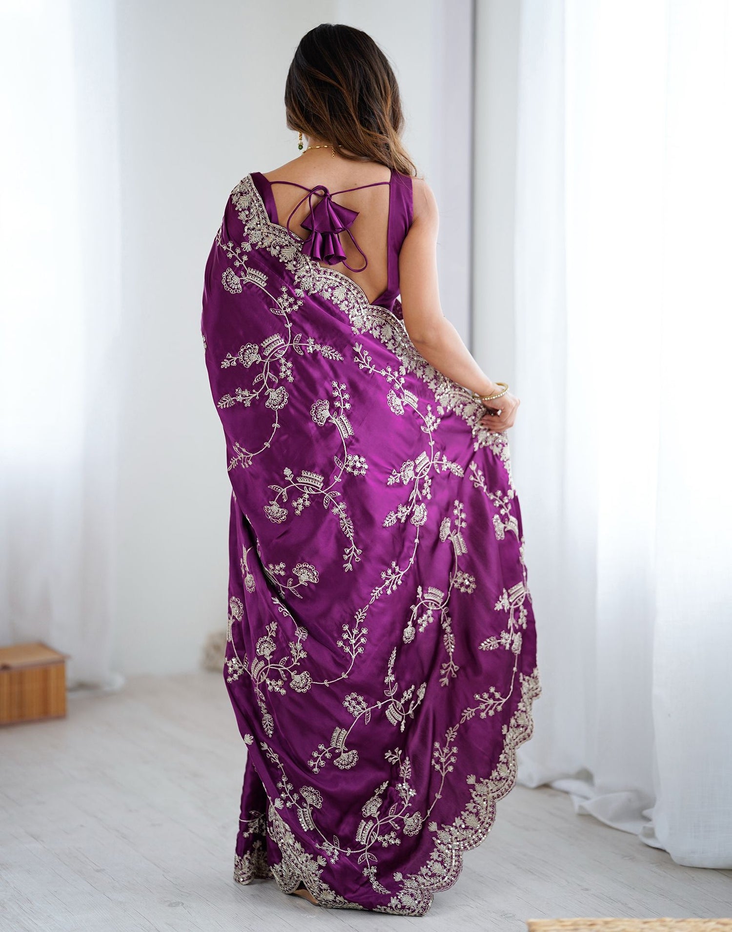 Dark Purple Satin Sequence Embroidery  Saree