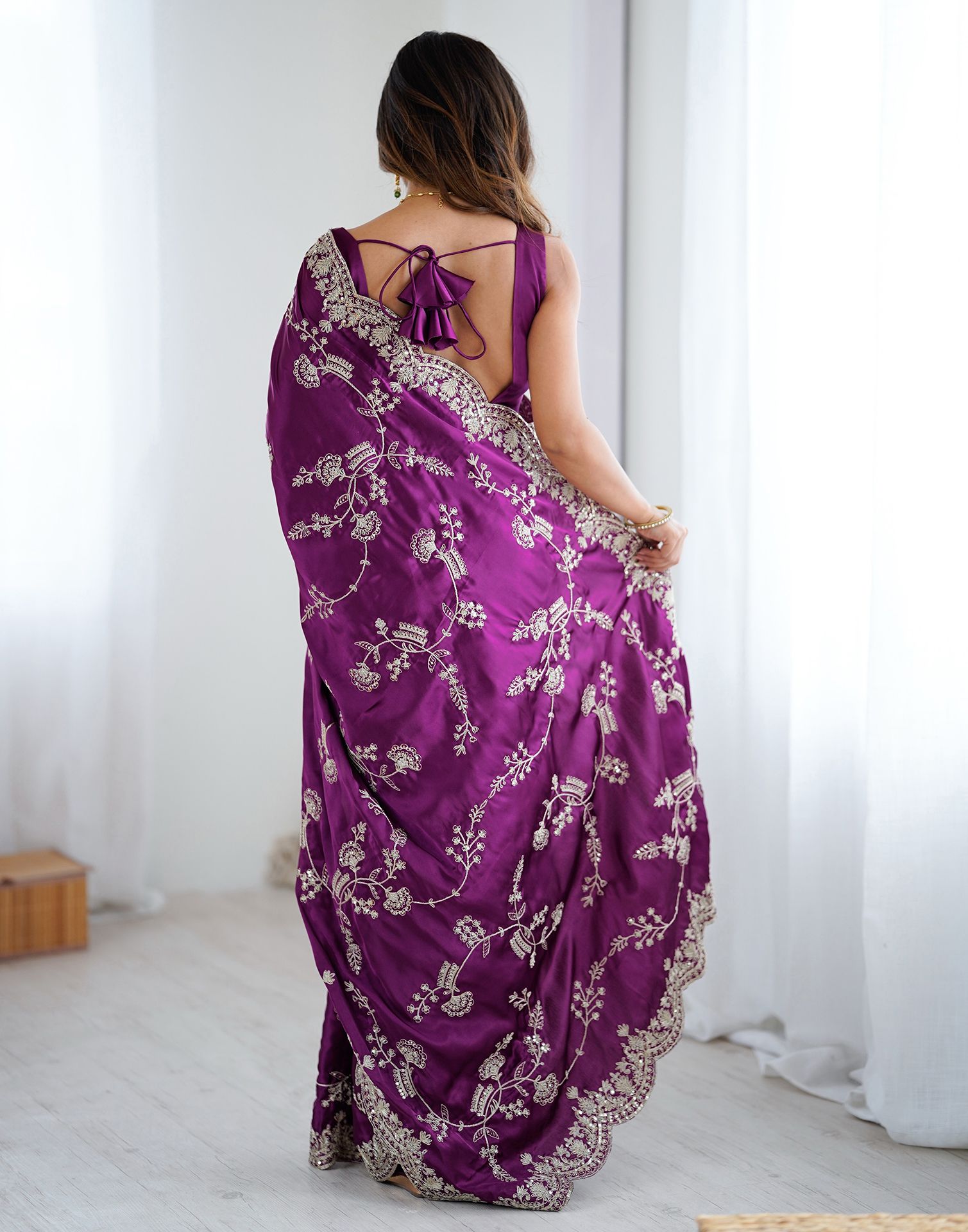 Dark Purple Satin Sequence Embroidery  Saree