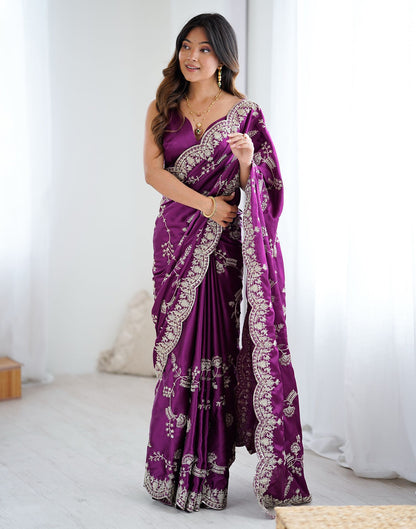 Dark Purple Satin Sequence Embroidery  Saree
