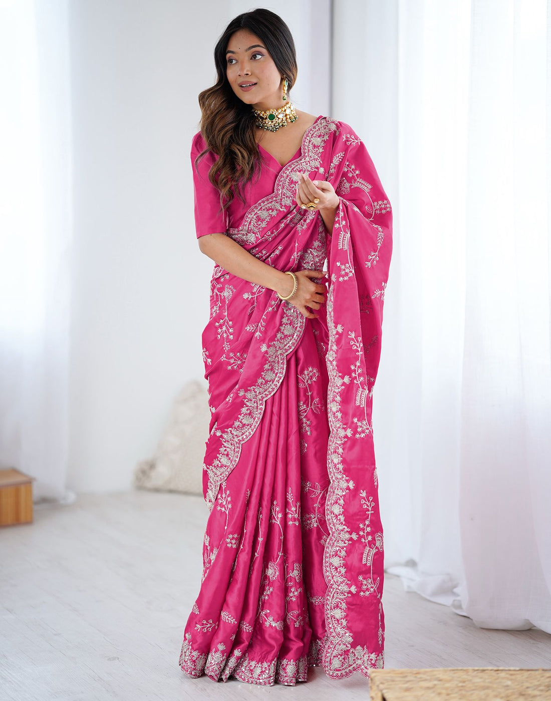 Pink Satin Sequence Embroidery  Saree