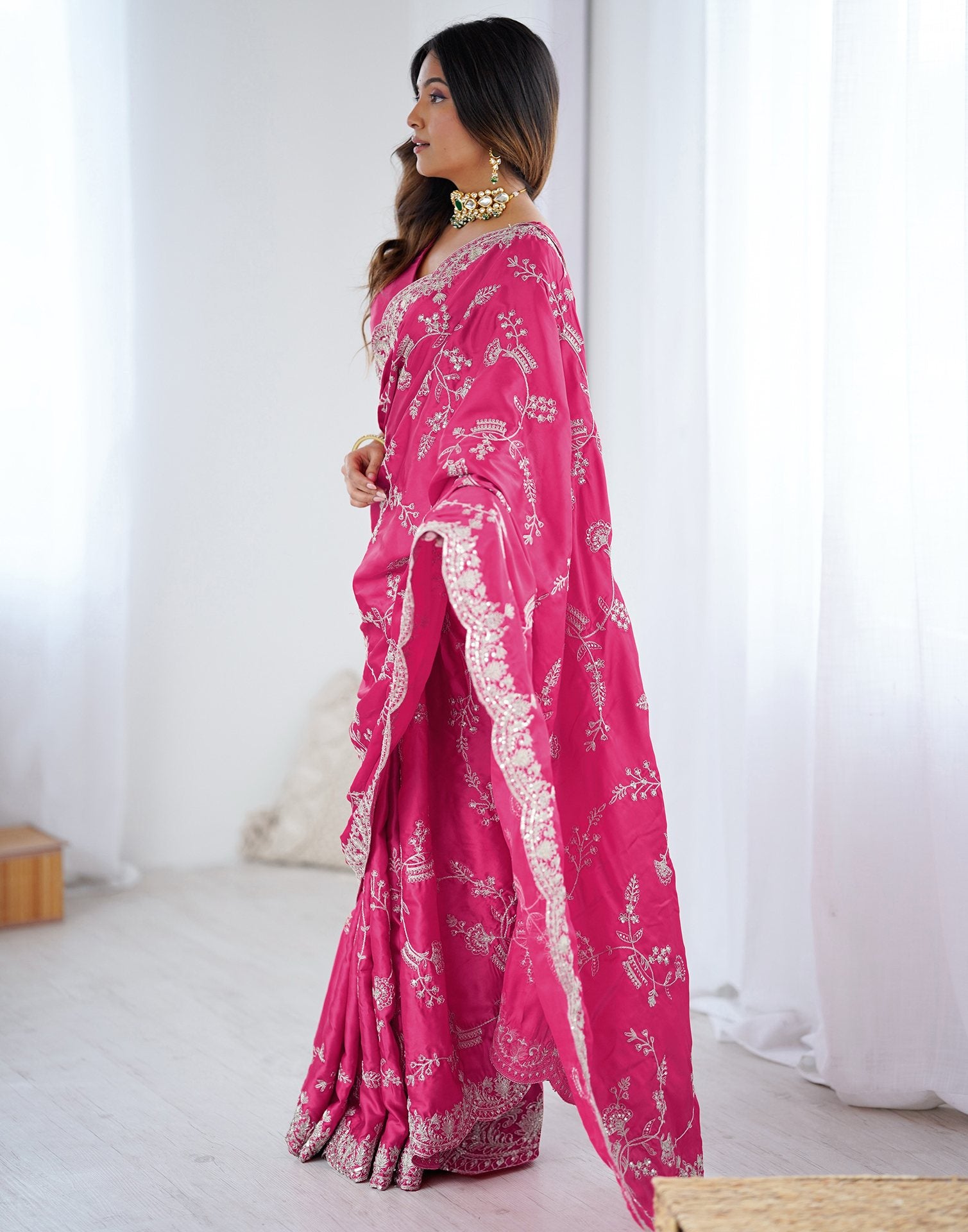 Pink Satin Sequence Embroidery  Saree
